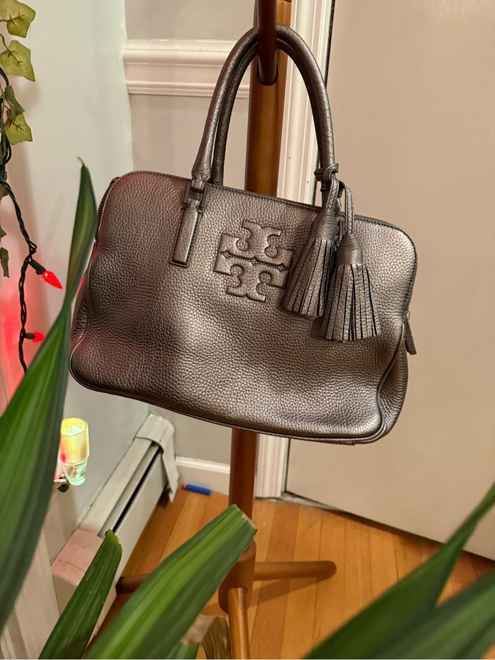 🩶 Tory Burch Metallic Pewter Leather Satchel with Tassels 🩶 - Picture 11 of 12